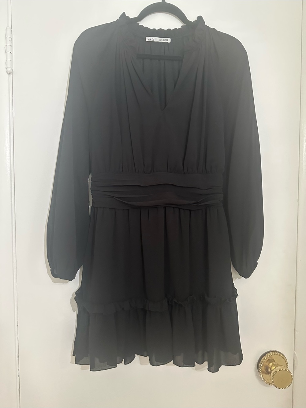 Zara Black Long-Sleeve Tiered Mini Dress with Ruched Waist